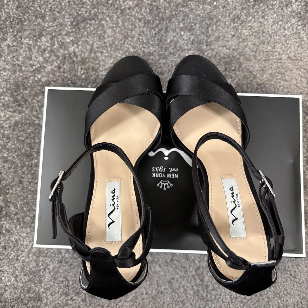 Nina Venus Women's 8 Black Satin Ankle Strap Heels / Heeled Shoes NIB - Picture 10 of 12